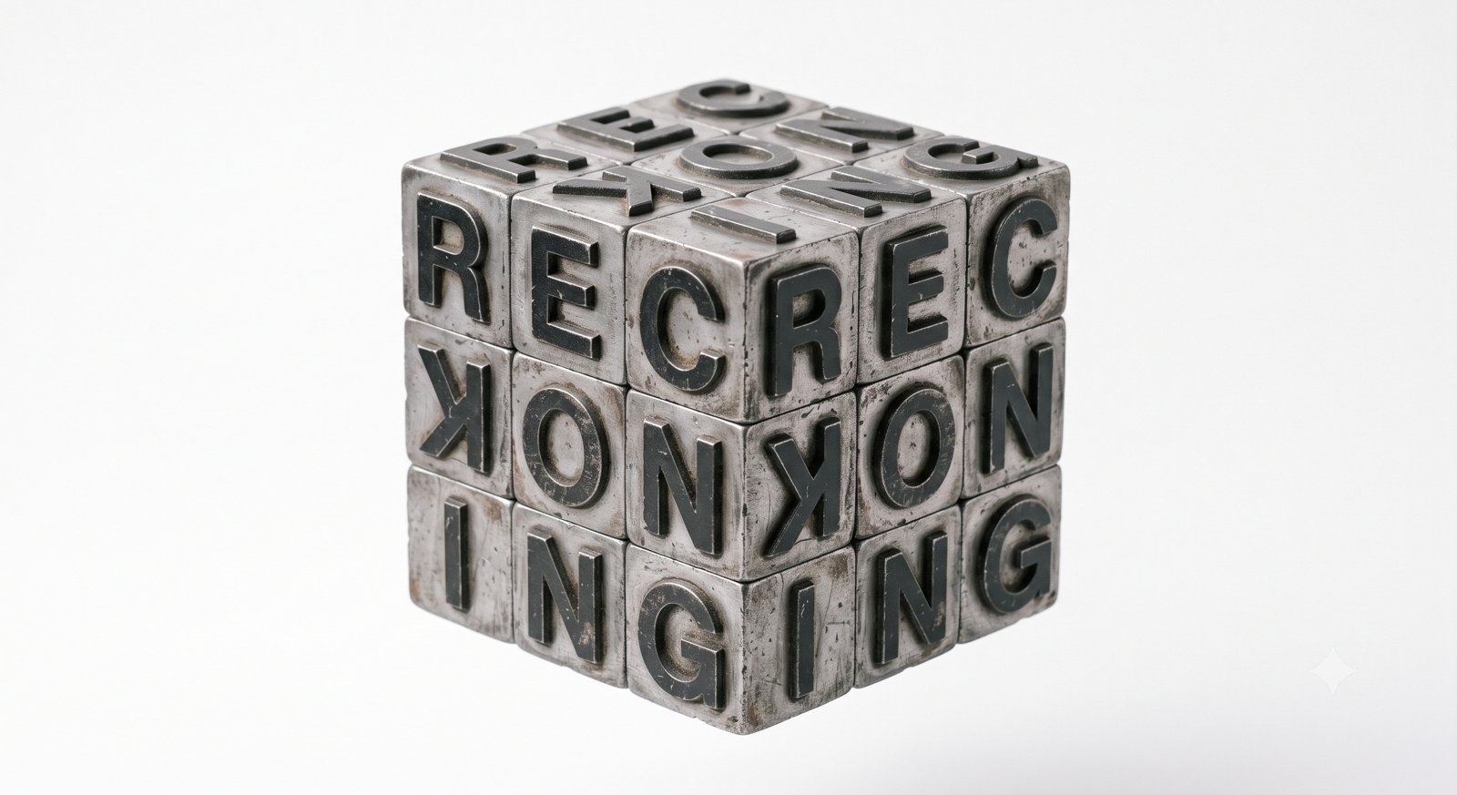 A weathered steel cube, each face stamped with letters spelling out THE RECKONING.